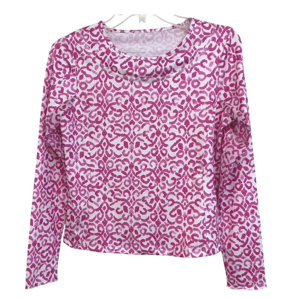 Gottex Pink White Ikat Scroll Print Long Sleeve Sun Protection Top Mesh Panels S